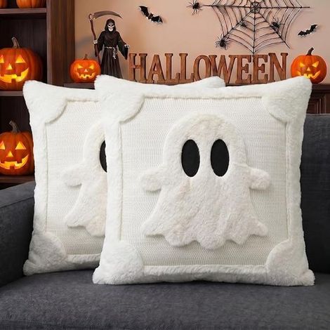 Lot de 2 housses de coussin - Motif fantôme d'Halloween - 45 x 45 cm - Décoration automnale - Décoration d'Halloween - Décoration intérieure - Convient pour la maison, la chambre, le canapé - Blanc (1/5)