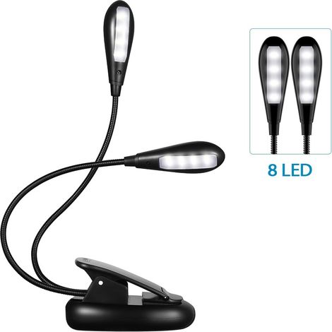 Lampe lecture 10 LED rechargeable avec pince flexible, 3 couleurs lumière, pour liseuse noir