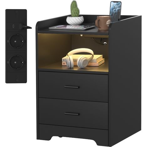 Jiubiaz Comodino, con LED multicolore regolabile, 2 cassetti, connettività Bluetooth, nero (1/4)