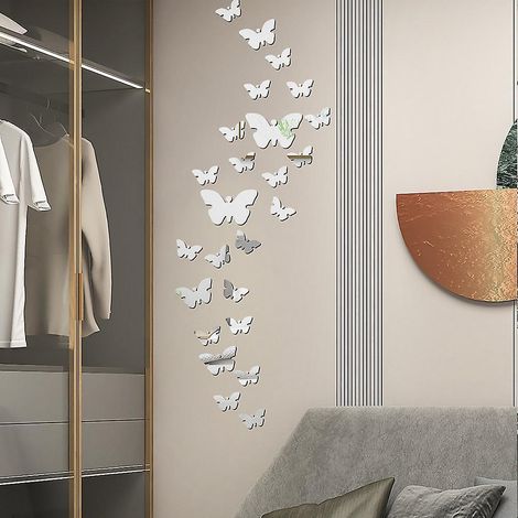 butterfly Acrylic Mirror Stickers (silver), Miroir Acrylique Autocollant Pour Murs, Salon Et Dcoration D'intrieur Moderne (1/3)