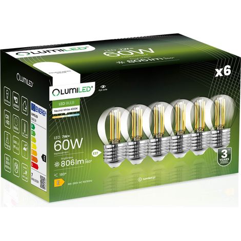 6 lampadine LED E27 a sfera P45 7W = 60W 806lm 4000K Neutro FILAMENTO LUMILED a 360°