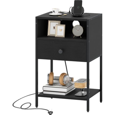 COSTWAY Comodino con Stazione di Ricarica, Comò in Stile Industriale con Scomparto Aperto, Cassetto e Ripiano Inferiore, Tavolino da Divano Compatto per Camera da Letto e Soggiorno (Nero,1) (1/5)