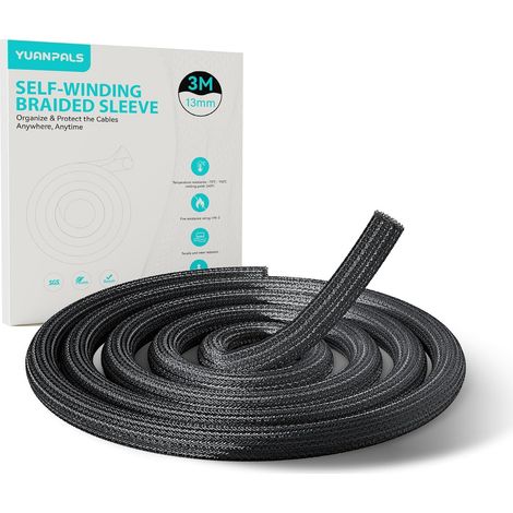 Gaine de rangement de câbles de 13 mm à 3 m pour PC/TV, organiseur de câbles à remontage automatique pour la maison, le bureau (noir) (1/5)