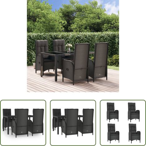Gartenessgruppe - 5-tlg. Garten-Essgruppe mit Kissen Schwarz Poly Rattan (1/5)