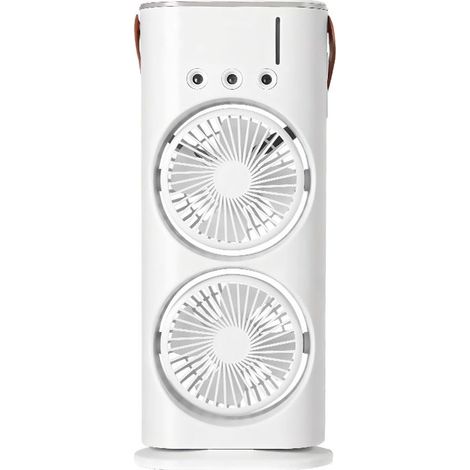 Ventilateur de bureau rechargeable – double tête avec brumisation triple sortie – 3 vitesses – éclairage LED multicolore – avec sangle de suspension – contrôle indépendant haut/bas (1/5)