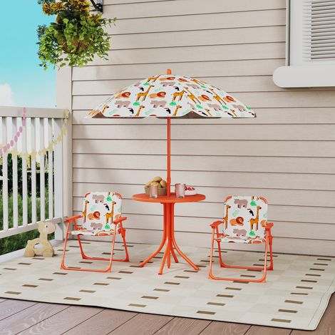 Kindergartenmöbelset, Kindertisch mit 2 Klappstühlen und Sonnenschirm Ø 100 cm, Tiermuster, orange