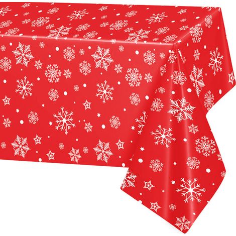 Cinq nappes de fête en plastique décorées de motifs de flocons de neige blancs et rouges - nappes jetables en plastique de 137 x 274 cm (1/5)