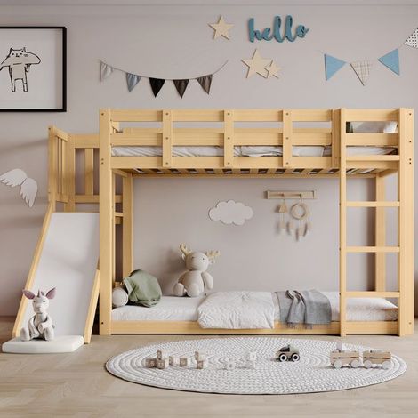 Lit superposé enfant - KOMHTOM - 90x200 - Bois naturel - Toboggan et rideau - Échelle & barrières (1/5)