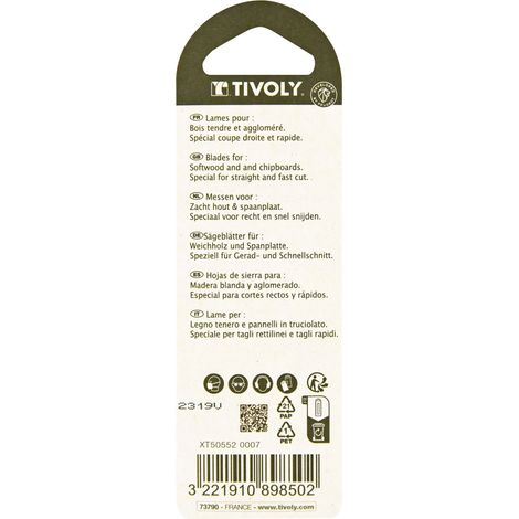Tivoly • 2 lame per seghetto alternativo • Taglio dritto • Taglio rapido • Attacco tipo T • Per tagliare legno tenero • Per tagliare legno truciolare