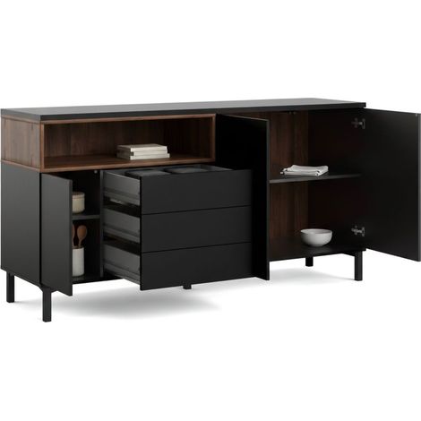 Dmora - Kommode Madeleine, Wohnzimmerbuffet, Wohnzimmer-Sideboard, Moderne Küchen-Speisekammer, 176x48 h90 cm, Schwarz und Walnuss