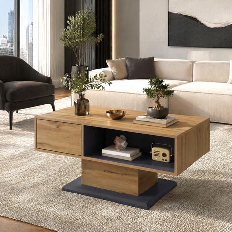 Tavolino da caffè con doppio spazio contenitivo, 100 x 50 x 46,5 cm, effetto legno grigio DESVIAE (1/5)