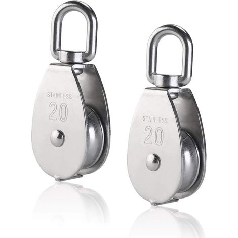 2 pezzi di puleggia singola M20 in acciaio inox 304, blocco a rulli per puleggia singola da 20 mm, gancio girevole per gru, cavo in fune metallica liscia, carico 77 libbre/35 kg (1/5)