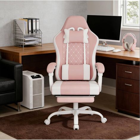 Bürostuhl 70x70x127 cm rosa-weiß aus Stoff und Mesh mit Massagefunktion und Fußstütze (1/5)