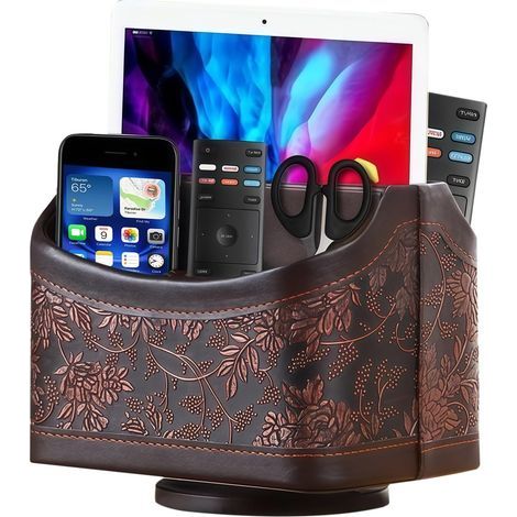Porta telecomandi girevole a 360°: organizer con 5 tasche, organizer multifunzionale in similpelle per telecomandi, articoli di cancelleria, quaderni, penne (1/5)