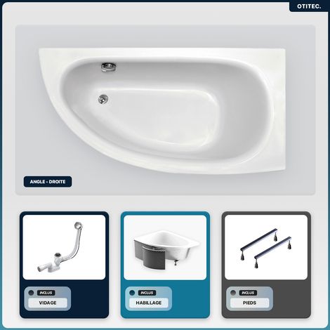 Baignoire asymétrique - 150 x 70 cm - Droite - avec Habillage - Pieds - Vidage Chrome - MILENA (1/5)