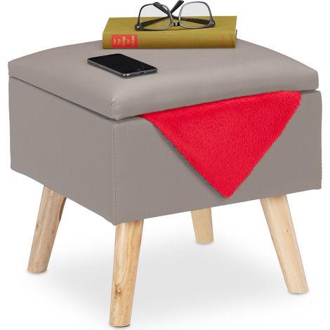 Pouf Relaxdays con vano portaoggetti, in ecopelle, HLP: 40 x 40 x 40 cm, con coperchio, pouf imbottito, grigio