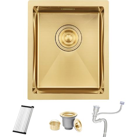 Évier de cuisine, en acier inoxydable 304, 35 x 45 cm, Petit Évier de cuisine, Montage Encastré ou Supérieur, avec Trop-Plein, Siphon, Support Enroulable, Or (1/5)