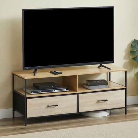 CASABEL Meuble TV 120 cm, Métal Noir et Bois, 2 Tiroirs en tissu (1/5)