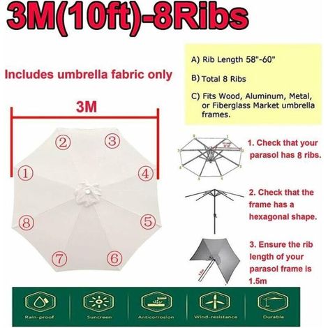 Housse de Rechange pour Parasol 8 Baleines,Toile de Remplacement Parasol, 3m / Ronde Toile de Rechange s'adapte à Un Parasol Droit ou déporté (Rouge) (1/3)