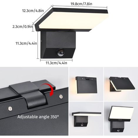 Außenwandleuchte mit Bewegungsmelder, 22-W-LED-Wandleuchte für den Innen- und Außenbereich, IP65 wasserdicht, 3000 K warmweißes Licht, mit um 350° drehbarem LED-Panel aus Aluminium für die Terrasse, S (1/5)