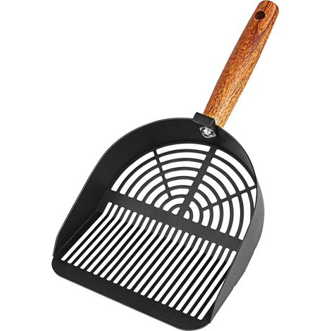Pelle métal trous variables, manche bois, nettoyage excréments animaux, noire (1/4)