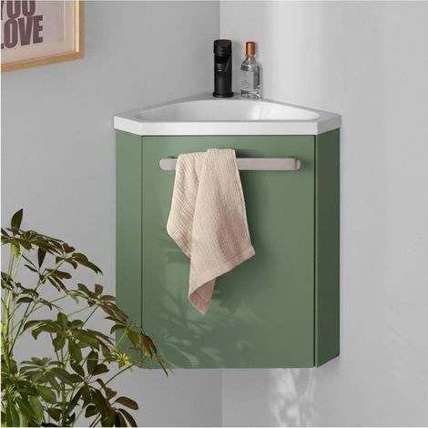 Mob-In – Meuble double vasque d'angle à suspendre – Vasque en résine – Porte réversible – Espace de rangement intégré – Pour petits espaces (1/5)