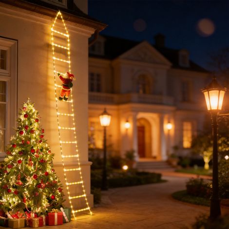 Farol decorativo que representa a Papá Noel subiendo una escalera (2 metros, luz blanca cálida). (1/5)