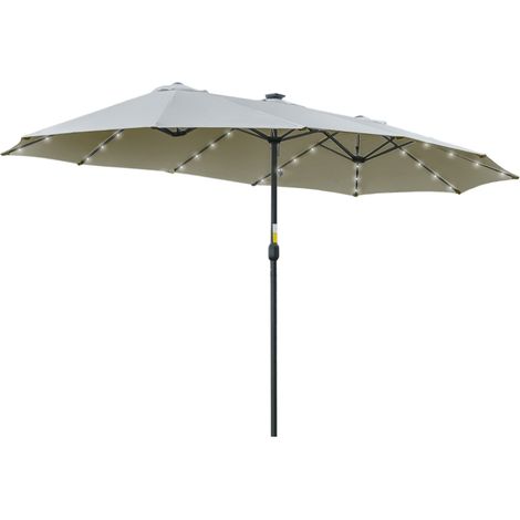 Parasol avec panneau solaire à LED, parasol double de 4,5 mètres, parasol de jardin ovale, gris clair et noir, idéal pour la terrasse et le jardin.