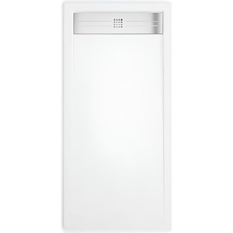 Mineralguss-Duschwanne extra flach ELITE Schieferoptik WEISS 70x140cm Ablaufschutz in Chrom Ablaufschutz in Chrom