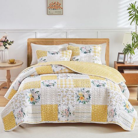 Parure de lit 3 pièces en microfibre douce et confortable pour grand lit, motif fleurs jaunes et blanches, couvre-lit pour toutes les saisons, 1 couette et 2 taies d'oreiller (228,6 x 228,6 cm (1/5)