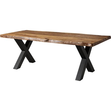 Table à manger 200x100 en bois de Sheesham sablé bois naturel pieds en X anthracite mat FREEFORM 5