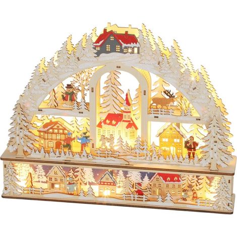 Autre décoration pour Noël Village de Noël lumineux avec 20 LED, village de Noël animé en arc, fonctionne sur piles, 45 x 10 x 35 cm, bois naturel-Crezuo