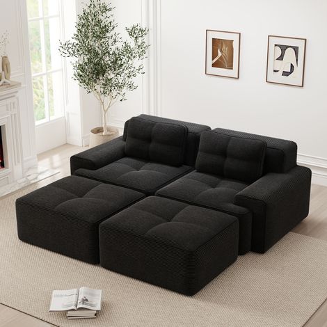 Sofá modular 2 plazas 74 cm negro en pana acanalada con asiento profundo y sin montaje (1/5)