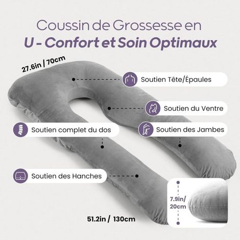 Coussin de grossesse en velours lavable – Oreiller en forme de U – Soutien lombaire et jambes – Confort optimal pour dormir