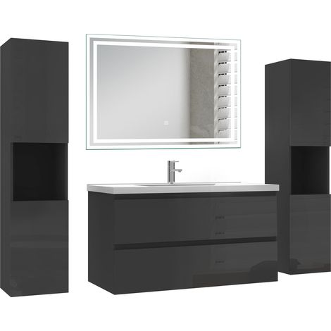 Ocean Ensemble de Meuble salle de bain 99cm avec 2 Tiroirs, miroir led + 2 colonnes 131.5cm, meuble Noir Haut Brillant