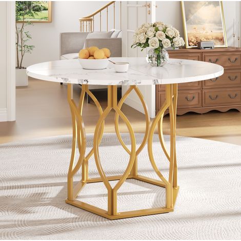 table repas ronde salon 100 cm metal MDF blanc dore OKMYHOME (1/5)