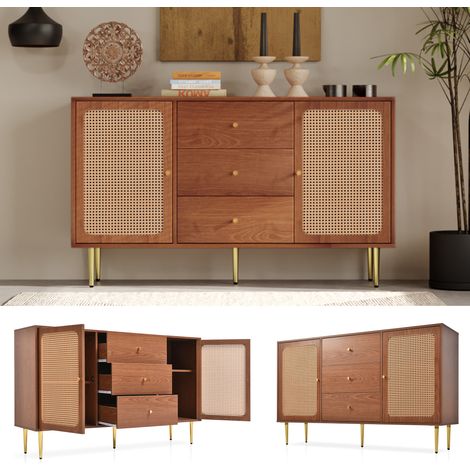 Commode rotin 2 portes 3 tiroirs étagère réglable noyer H90 L150 P40 cm