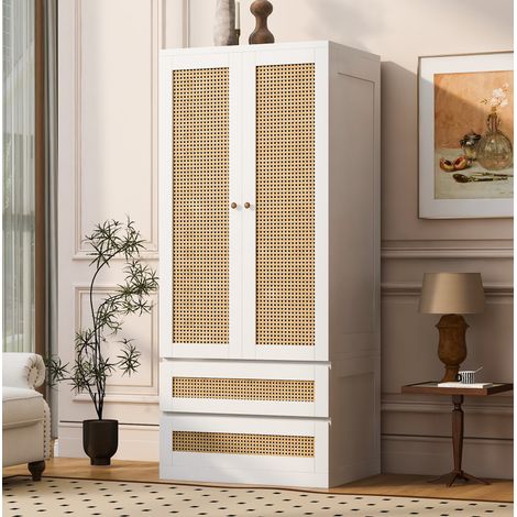 REDOM Armario ropero (70x55x170 cm), 2 puertas y 2 cajones, puerta con textura ratán, de madera, blanco (1/5)
