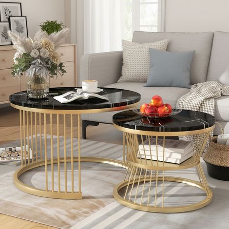 Tables Basses Gigognes Rondes, Lot de 2, empilables, coussinets pour pieds, motif marbre brillant, matériau MDF, espace de rangement ouvert - noir (1/5)