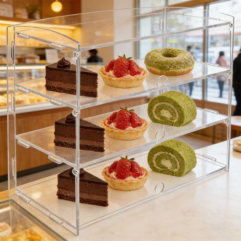 Acrylic Display Case for Pastries, 3-Tier Transparent Bread Bin Commercial Bakery Display Case 19.09 x 18.5 x 8.86 inches, Pastry Shop Display Case for Cupcakes, Biscuits, Bread, Mini Cakes, Doughnut (1/5)