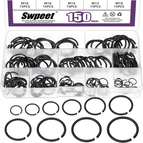 Lot de 150 anneaux ronds en acier au manganèse à ressort 10 tailles 10 mm-26 mm - Assortiment d'anneaux ronds en C - M10 M12 M14 M16 M18 M20 M22 M24 M25 M26 (1/5)