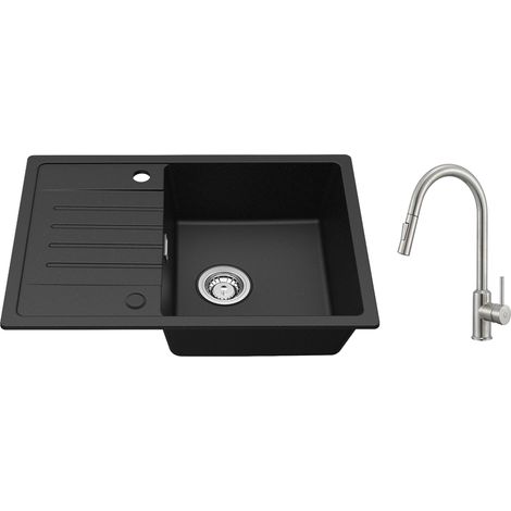 Cecipa Evier de cuisine avec égouttoir Noir 65 x 45 cm Evier à encastrer Deux directions d'installation + Mitigeur de Cuisine avec Douchette Extractible - 2 Modes de Sortie D'eau (1/5)