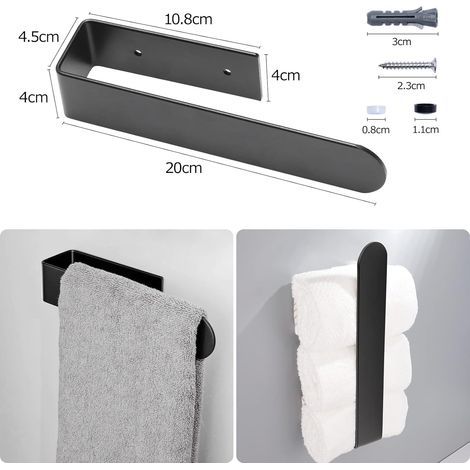 Juego de 2 toalleros de pared, 20 cm, aleación de aluminio, negro mate, no requiere taladro ni tornillos, baño y cocina. (1/5)