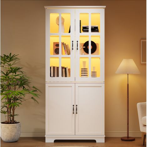Vitrinenschrank 80x38x180 cm Weiß aus Spanplatte mit 4 Türen, Gitterglas und 5 Ebenen im Landhausstil (1/5)