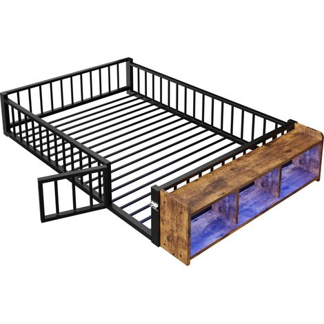 Letto bambino in metallo 140 x 200 cm con barriera di sicurezza, ripiano e LED, nero (1/5)