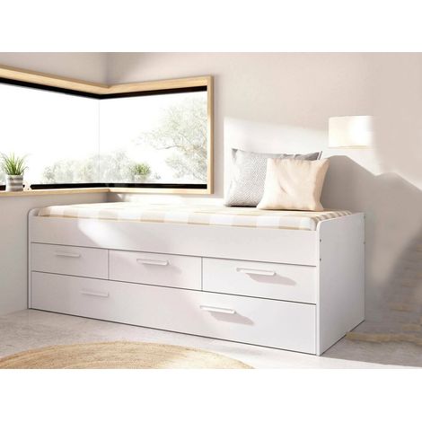 Dmora - Cama infantil Alben, Estructura con segunda cama nido, Cama individual para dormitorio con 3 cajones, 194x95h68 cm, Blanco (1/5)