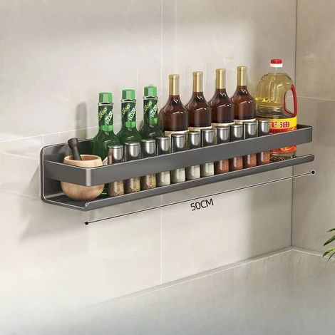 Étagère de rangement de cuisine (50 cm) en acier inoxydable, sans perçage, pour salle de bain, rangement pour flacons d'épices et accessoires de cuisine. Organisateur d'accessoires de cuisine. (1/5)