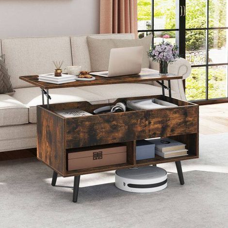 80cm Lift Top Coffee Table with Hidden Storage Compartment and 2 Storage Shelves-Brown (1/5)