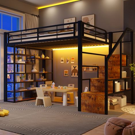 Lit mezzanine enfant 140x200 cm avec escalier de rangement, 2 tiroirs en tissu, étagères, LED APP, garde-corps, acier et MDF - Noir (1/5)