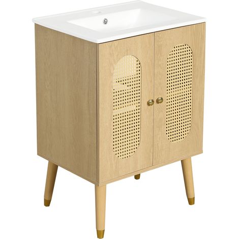 Mobile bagno 61 cm in MDF effetto legno naturale con lavabo in ceramica e ante in rattan (1/5)